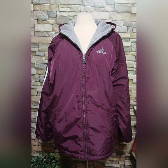 adidas Other - Vintage Y2K Adidas Reversible Jacket Men’s L Hooded Burgundy Maroon 3 Stripe